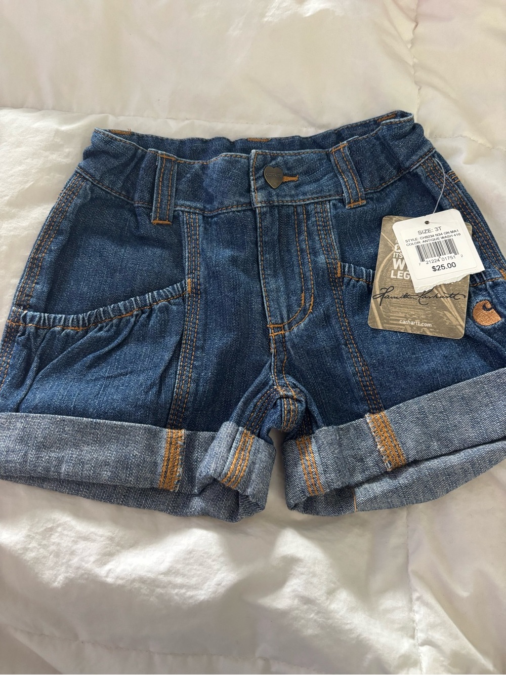 Carhartt Girls' Dark Blue Denim Roll-Cuff Shorts Sz 3T